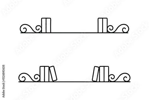 Simple line drawing of books on shelves with decorative ends