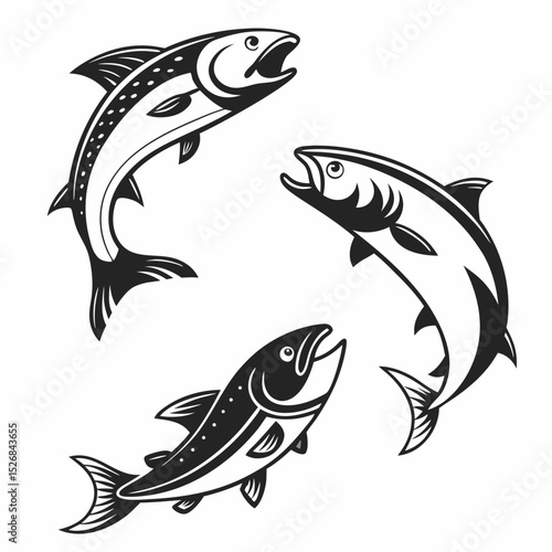 Three leaping salmon fish monochrome illustration