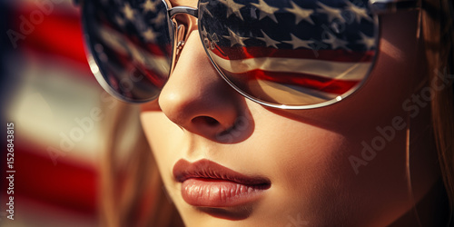 Girl in sunglasses. American flag reflected in glasses. Close-up shot. Mirror glasses.