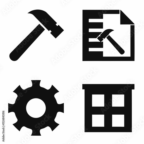 Simple black icons hammer gear building plan document