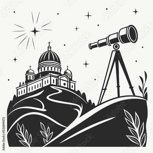 Church on hilltop starry night telescope observation