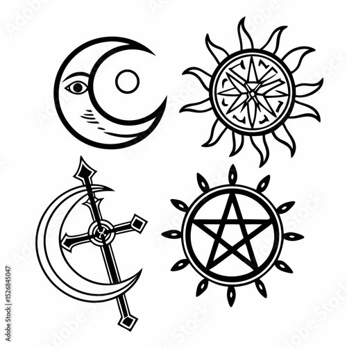 Mystical symbols crescent moon sun pentagram occult esoteric witchcraft pagan