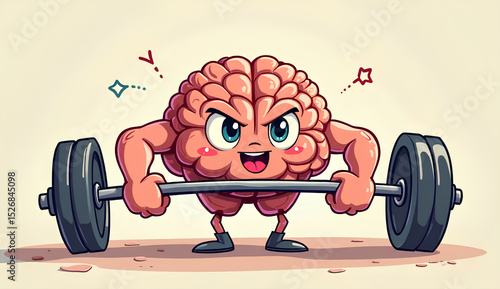 Illustration of muscular brain lifting barbell, concept of intelligence and mental strength