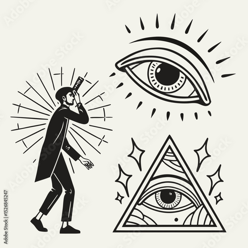Man observing all seeing eye symbolism mysterious art
