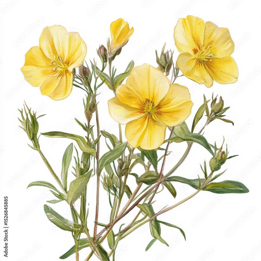 Detailed Watercolor Painting of Pale Yellow Flowers on White Background Detailed Watercolor Painting of Pale Yellow Flowers on White Background