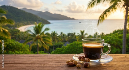 Serene morning coffee overlooking a tropical beach with palm trees and mountains at sunrise