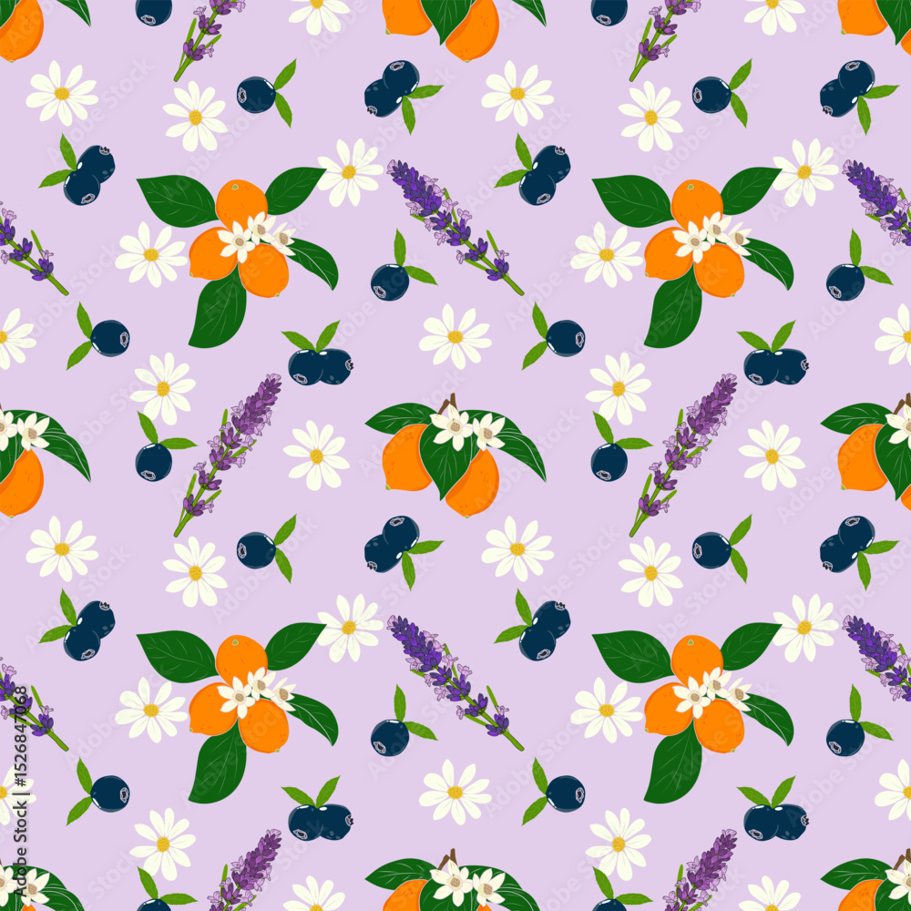 Fototapeta premium Flower and fruit pattern on lavender background