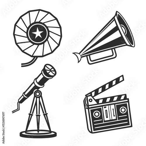 Retro filmmaking equipment icons clapperboard megaphone telescope reflector