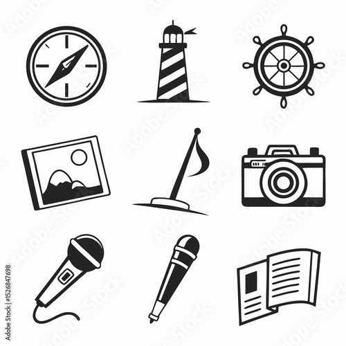 Travel icons set compass lighthouse ship wheel camera microphone photo book