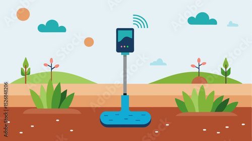 A sensor embedded into the soil automatically collecting data on moisture and nutrient levels.. Vector illustration