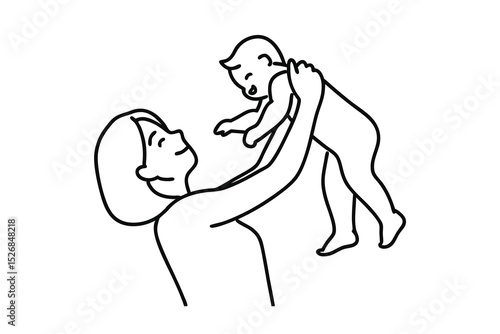 Happy mother lifting baby line drawing illustration