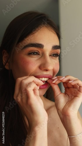 A young woman happily showcases her clear aligners, demonstrating how easy it is to incorporate them into a daily routine for a confident smile. She exudes joy and enthusiasm.
