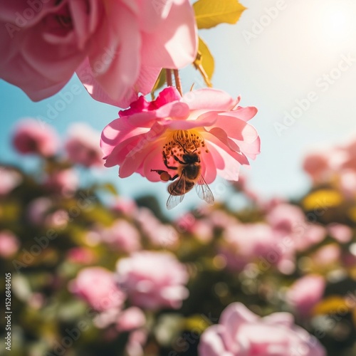 close up of a bee pollinating in a sunny garden full of flowers as the concept of the protection of natural environment 