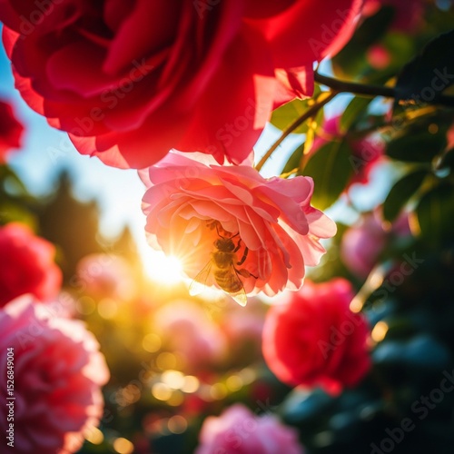close up of a bee pollinating in a sunny garden full of flowers as the concept of the protection of natural environment 
