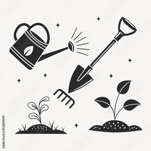 Gardening tools watering can shovel rake plants growing nature spring summer
