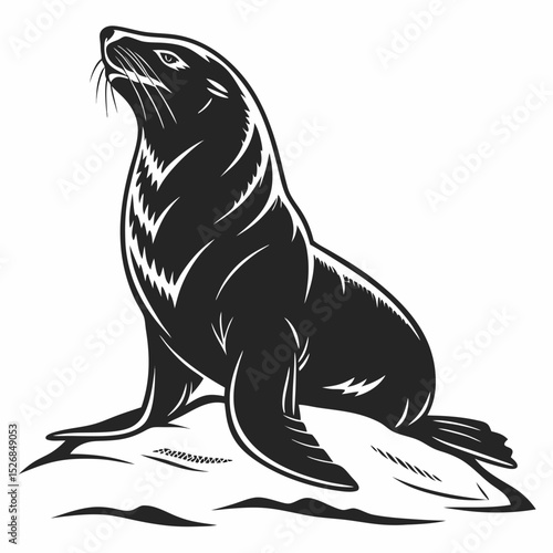 Majestic seal resting on rocky shore black and white illustration