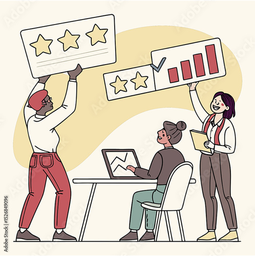 Employee survey, customer feedback rating or performance review, five stars service, best experience or feedback and engagement concept, business people employees holding 5 stars rating feedback.