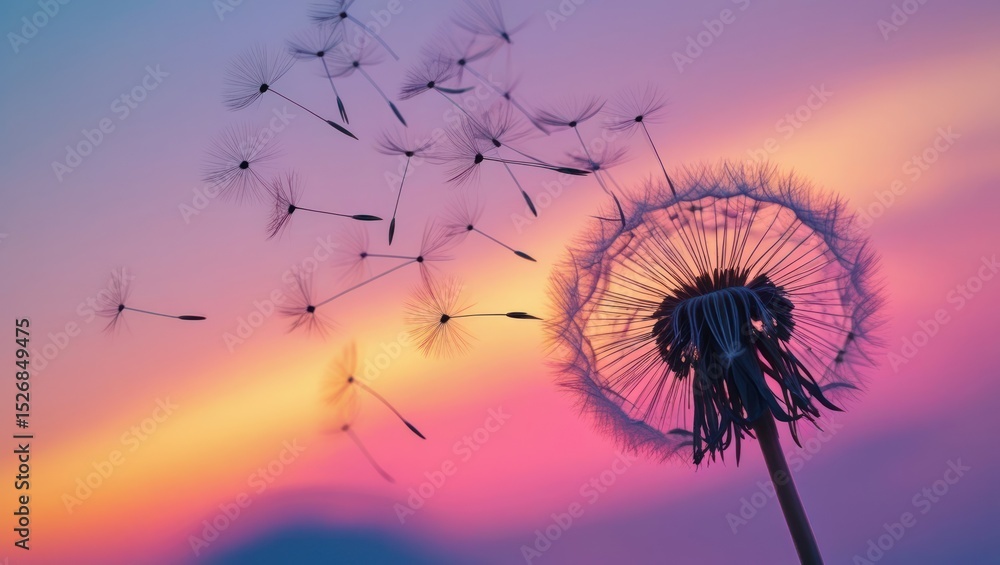 Fototapeta premium Dandelion seeds float at sunset
