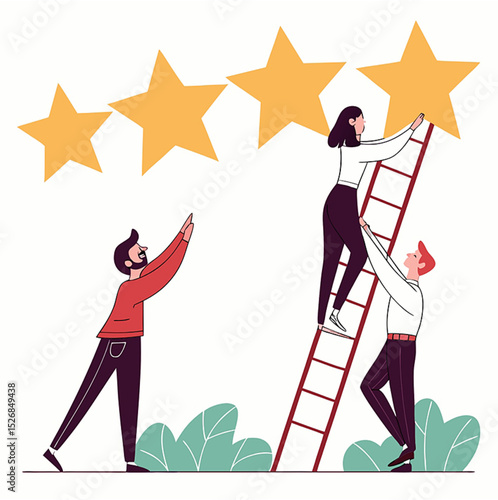 Employee survey, customer feedback rating or performance review, five stars service, best experience or feedback and engagement concept, business people employees holding 5 stars rating feedback.