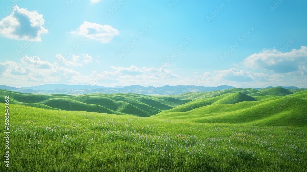 Open green landscape with rolling hills and a clear blue sky in daylight Open green landscape with rolling hills and a clear blue sky in daylight