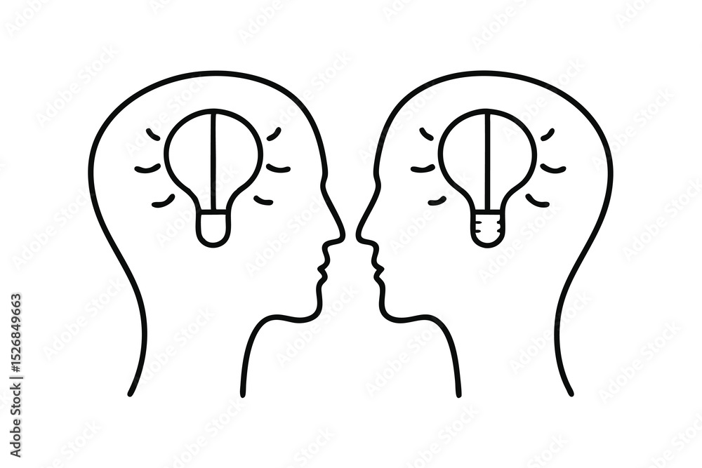 Two heads facing each other with lightbulbs inside line drawing Two heads facing each other with lightbulbs inside line drawing