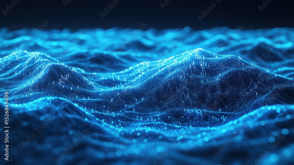A mesmerizing ocean of glowing blue waves with a digital network effect, representing data movement and technology A mesmerizing ocean of glowing blue waves with a digital network effect, representing data movement and technology