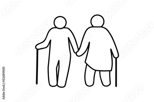 Elderly couple walking holding hands line drawing illustration