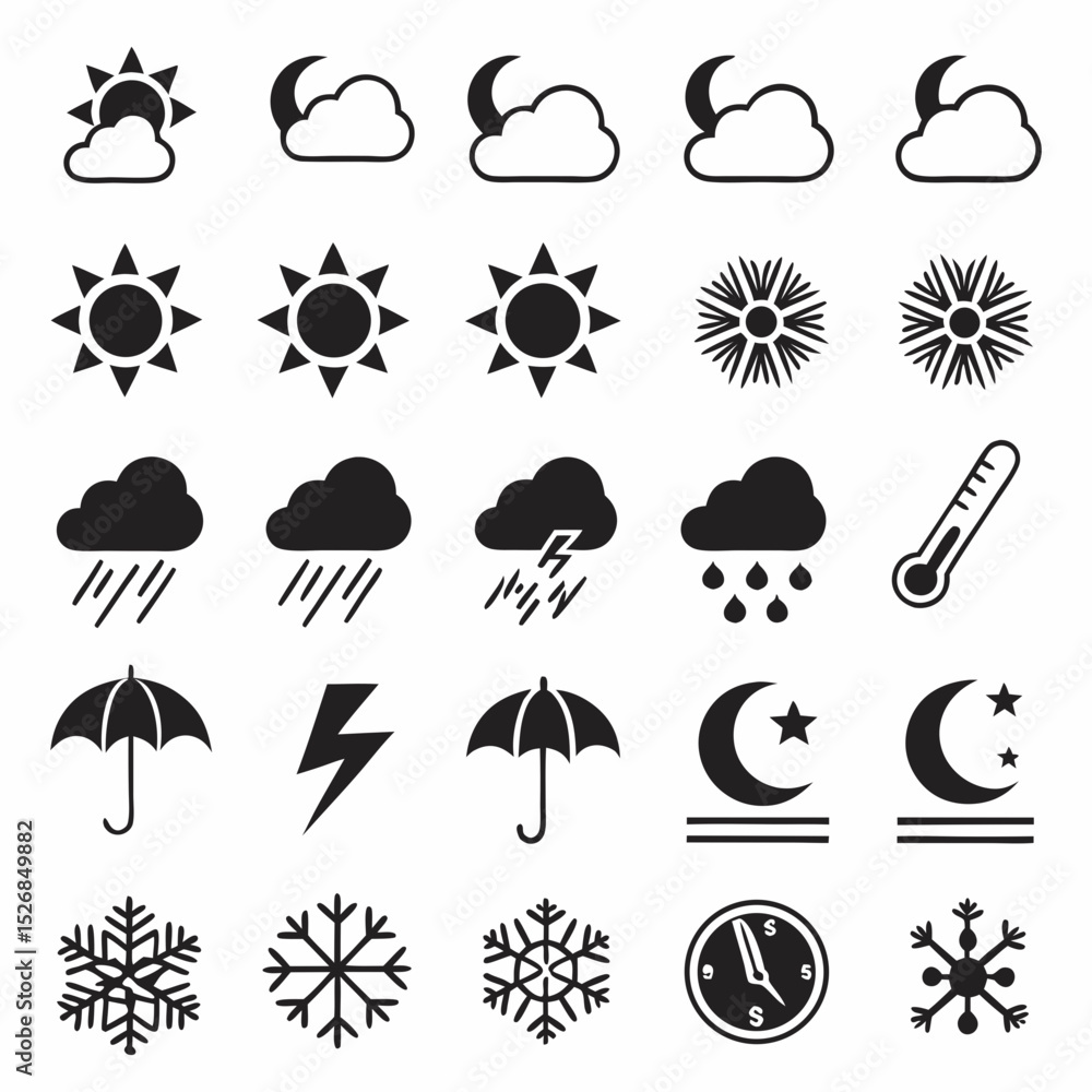 Weather icons set sun moon rain snow cloud lightning thermometer umbrella Weather icons set sun moon rain snow cloud lightning thermometer umbrella