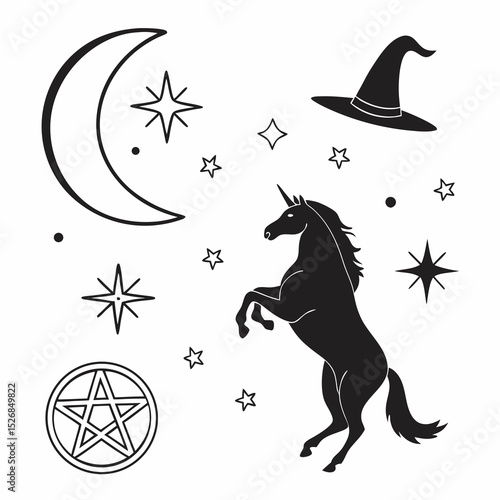 Mystical unicorn silhouette with crescent moon stars witch hat pentagram