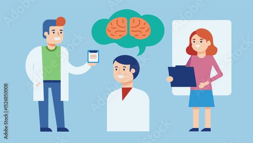 The doctor showed the patient and their family the differences between a healthy brain scan and one showing signs of a disease. He explained the importance of detecting and. Vector illustration