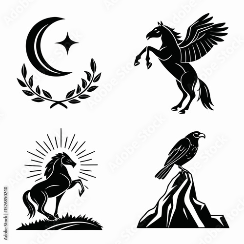 Majestic mythological creatures and celestial symbols set