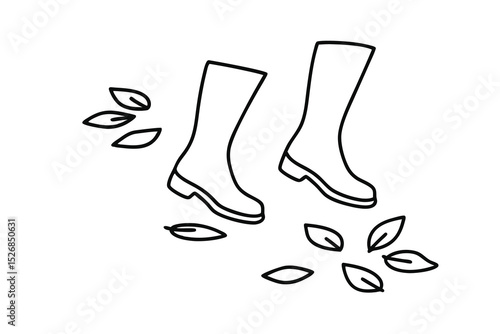 Line drawing of rain boots and autumn leaves