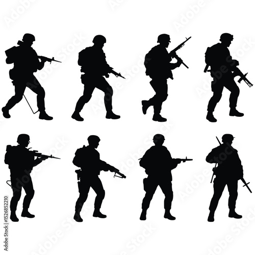 Collection of soldier silhouettes in combat poses with tactical gear and weapons