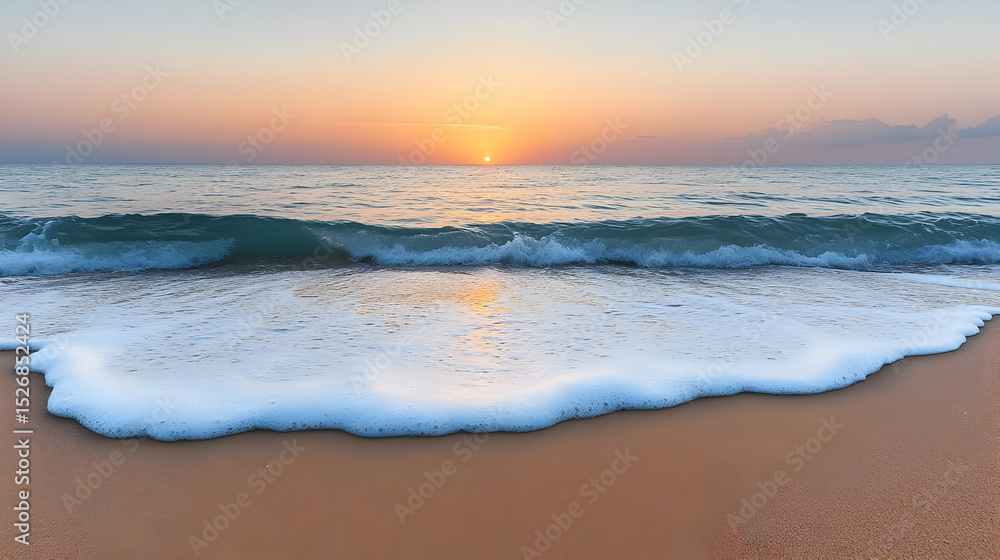 Obraz premium Serene Ocean Sunset: Soft Waves on Sandy Beach