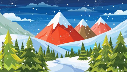 Winter Wonderland with Snowy Mountains and Pine Trees - Flat Illustration