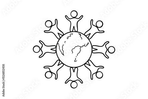 Global unity line drawing diverse people around earth