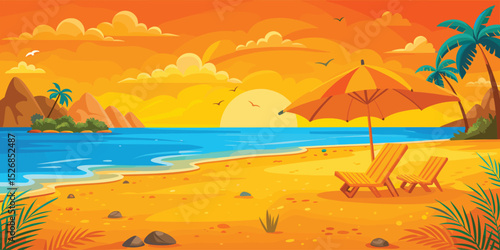 Tropical Beach Sunset with Chairs and Umbrella - Flat Vector Illustration