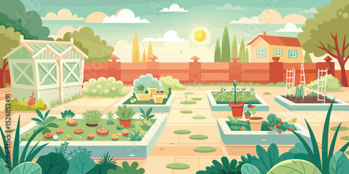 Charming Backyard Vegetable Garden in Morning Light - Flat Illustration