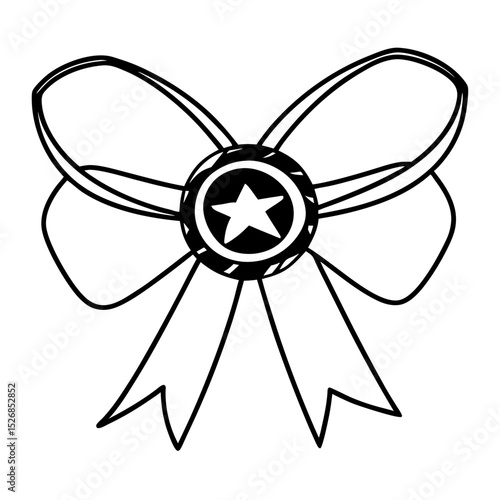 A bold blackandwhite ribbon bow, adorned with a starshaped medallion, is isolated on white background