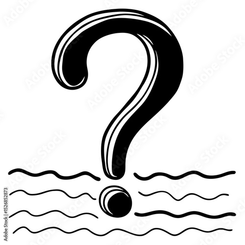 A bold black question mark sinks beneath stylized waves, isolated on white background