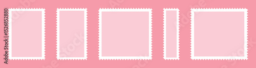 Valentines postage stamp set. Pink post stamp frame and border. square and Rectangular shapes for mail, postcard, letter. Vintage Jagged wavy edge forms for poster, banner, badge, sticker. Vector