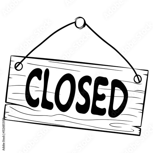 A rustic wooden sign, hanging from a simple string, boldly proclaims closed, isolated on white background
