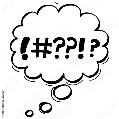 A chaotic thought bubble explodes with exclamation points, hash symbols, and question marks, isolated on white background
