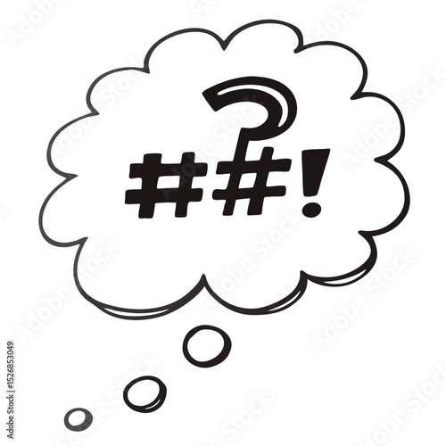 A monochrome thought bubble, isolated on white background, displays a question mark and hash symbols, expressing frustration and confusion