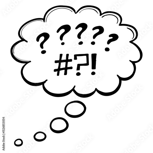 A swirling cloud of thought bubbles, filled with hashtags, question marks, and exclamation points, isolated on white background