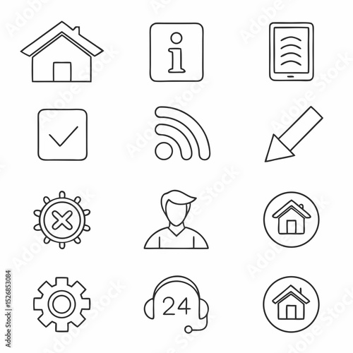 Simple line icons set home info tablet check wifi arrow delete user house gear support