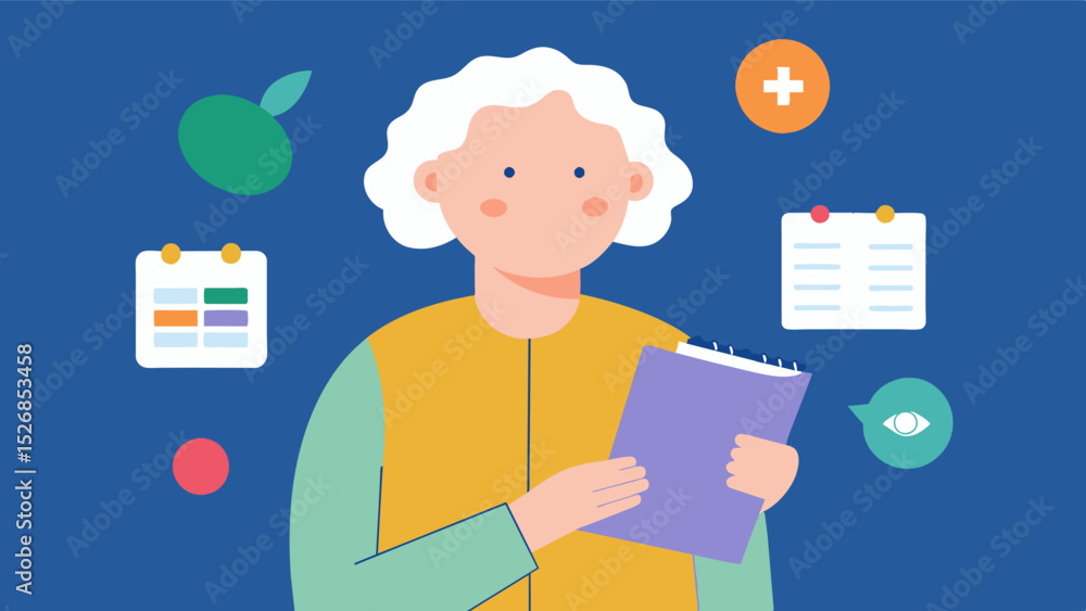 An elderly person holding a personalized memory journal filled with notes and reminders from their visits to the Memory Clinic.. Vector illustration An elderly person holding a personalized memory journal filled with notes and reminders from their visits to the Memory Clinic.. Vector illustration