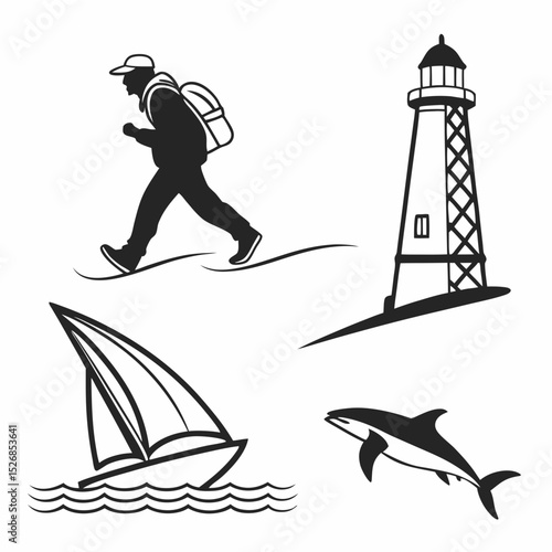 Professional vector icons set sailboat lighthouse shark hiker transparent background