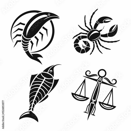 Zodiac signs cancer scorpio pisces libra black and white icons
