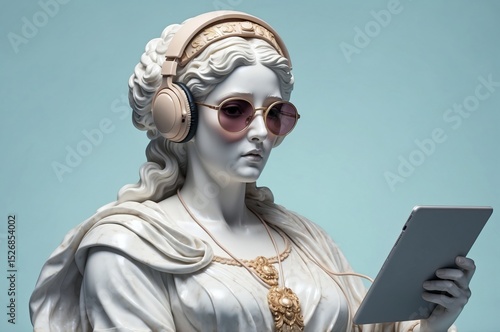 Modern interpretation of classical art featuring a marble statue with headphones and a tablet in a minimalist setting